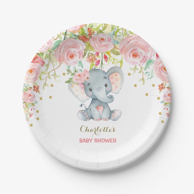 Plato De Papel Elefante Bebé Floral Dorado Rosa Cumpleaños 7" Pla (Anverso)