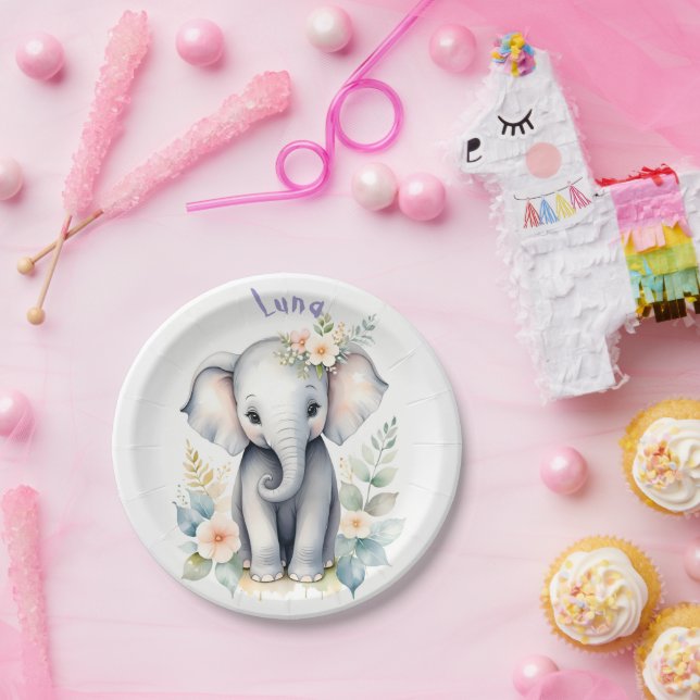 Plato De Papel Elefante bebé floreciente (Fiesta)