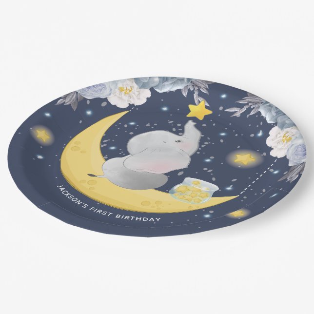 Plato De Papel Elefante bebé personalizado en la luna (Angular)
