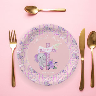 Plato De Papel Elefante Bebé Rosa Con Paloma Y Bautizo De Cruz