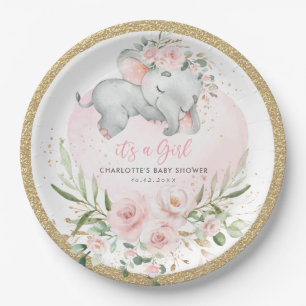Plato De Papel Elefante bebé Rubor Rosado Floral