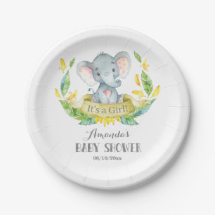 Plato De Papel Elefante chica Baby Shower amarillo y gris