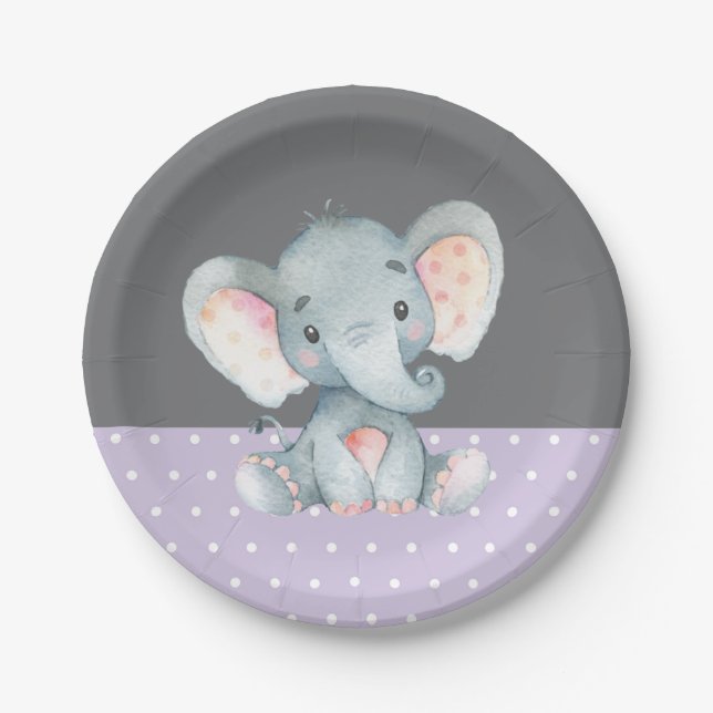 Plato De Papel Elefante chica Baby Shower morado y gris (Anverso)