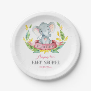 Plato De Papel Elefante chica Baby Shower rosa y gris