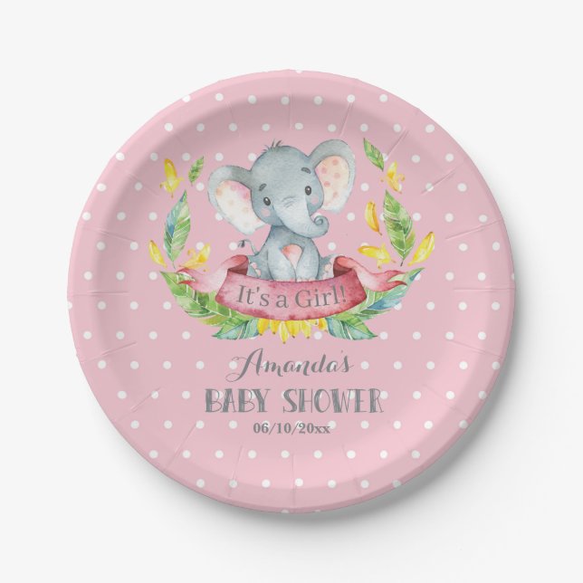 Plato De Papel Elefante Chica Baby Shower rosa y gris (Anverso)