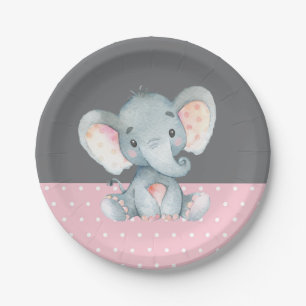 Plato De Papel Elefante chica Baby Shower rosa y gris