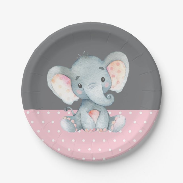 Plato De Papel Elefante chica Baby Shower rosa y gris (Anverso)
