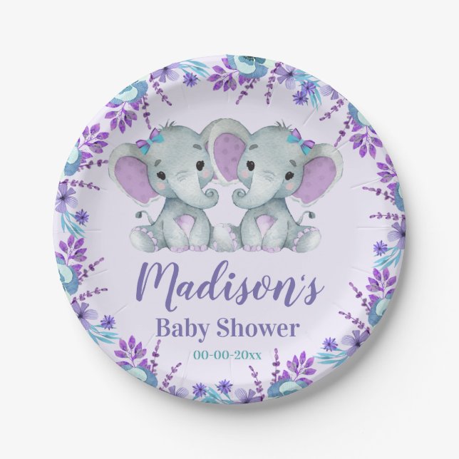 Plato De Papel Elefante Chica gemela Baby Shower Plantas florales (Anverso)