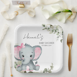 Plato De Papel Elefante Chica Rosa Baby Shower