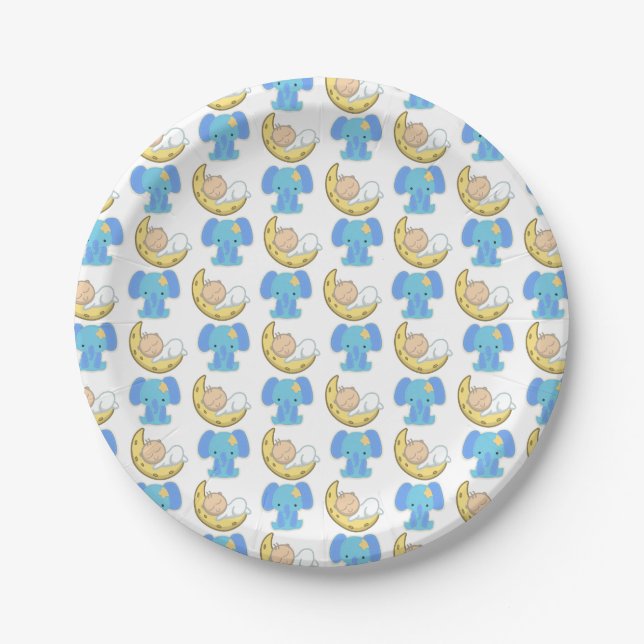 Plato De Papel Elefante con diseño de bebé lunar (Anverso)