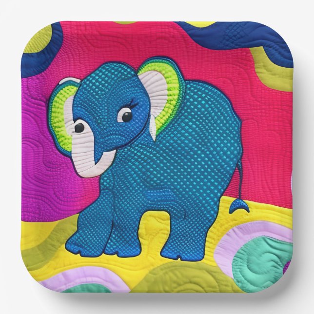 Plato De Papel Elefante Cute Blue Baby - Diseño Quilt Like (Anverso)