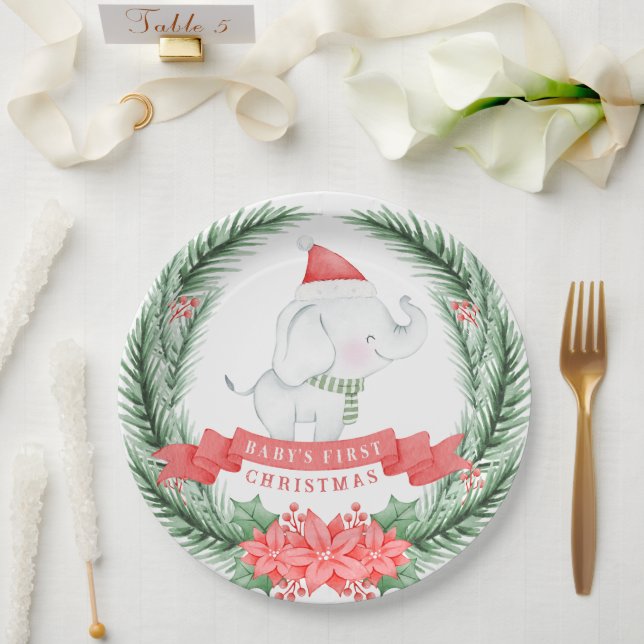 Plato De Papel Elefante Cute | Primera Navidad del bebé (Boda)