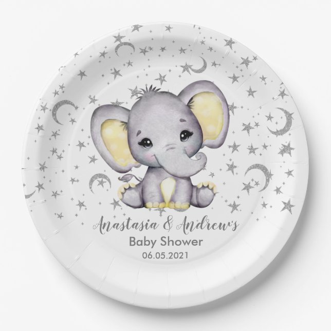 Plato De Papel Elefante de Baby Shower amarillo lindo (Anverso)