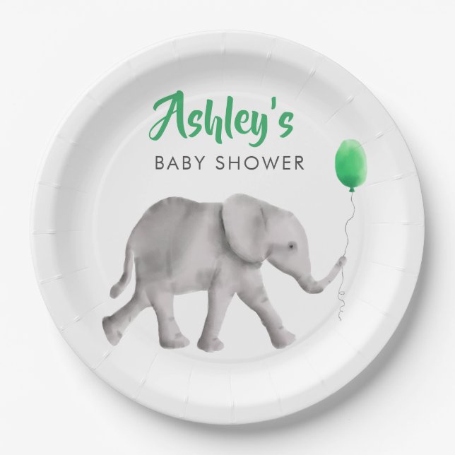 Plato De Papel Elefante de Baby Shower para bebés y globo verde (Anverso)