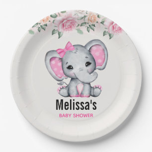 Plato De Papel Elefante de bebé rosa y dulce ducha fronteriza par