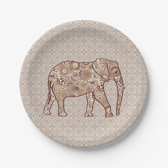 Plato De Papel elefante de remolino fractal - marrón y taupe (Anverso)