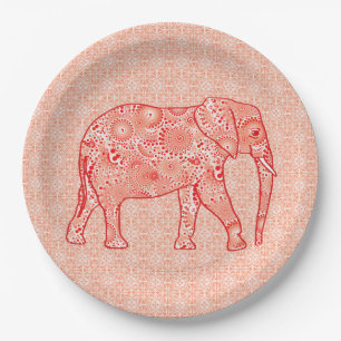 Plato De Papel elefante de remolino fractal - naranja de coral y 