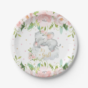 Plato De Papel Elefante dormido floral rosado Rubor Baby Shower