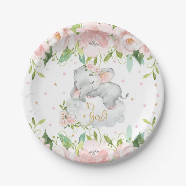 Plato De Papel Elefante dormido floral rosado Rubor Baby Shower (Anverso)