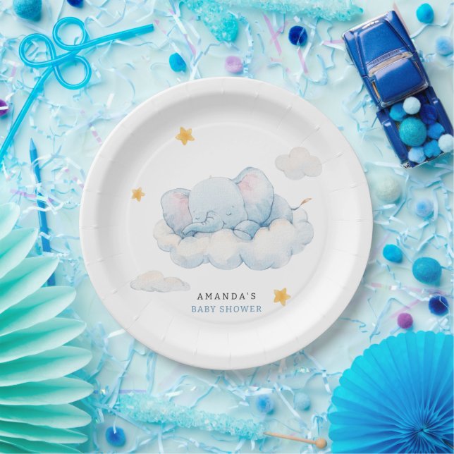 Plato De Papel Elefante durmiente Baby Shower, Boy Baby Shower (Fiesta)