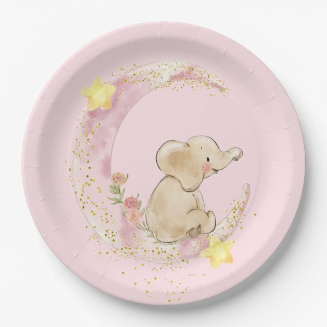 Plato De Papel Elefante en la luna sobre rosa (Anverso)
