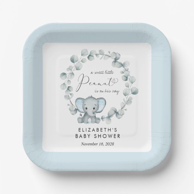 Plato De Papel Elefante Eucalyptus Baby Boy Shower (Anverso)
