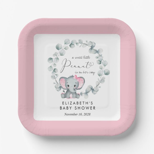 Plato De Papel Elefante Eucalyptus Baby Girl Shower (Anverso)