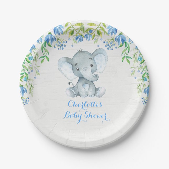 Plato De Papel Elefante Floral Niño Bebé Ducha Placa Fiesta Azul (Anverso)