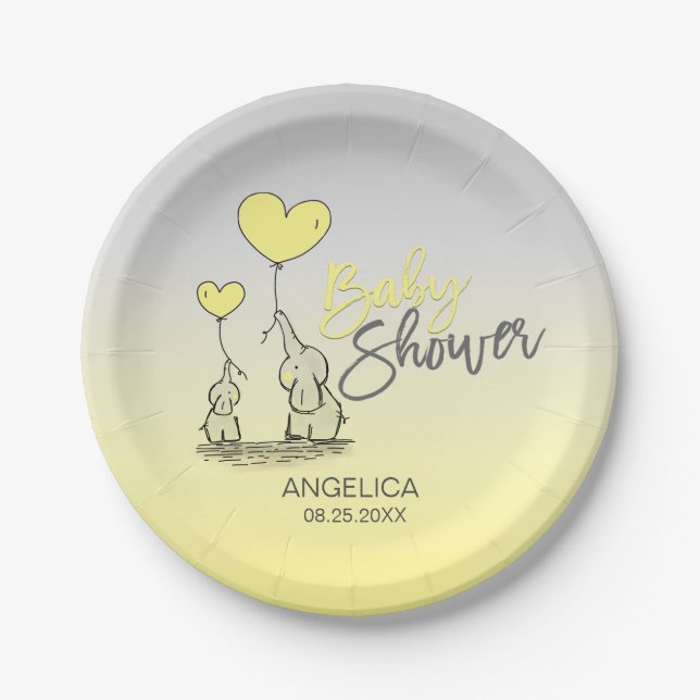 Plato De Papel Elefante gris amarillo Sexo Neutral Baby Shower (Anverso)