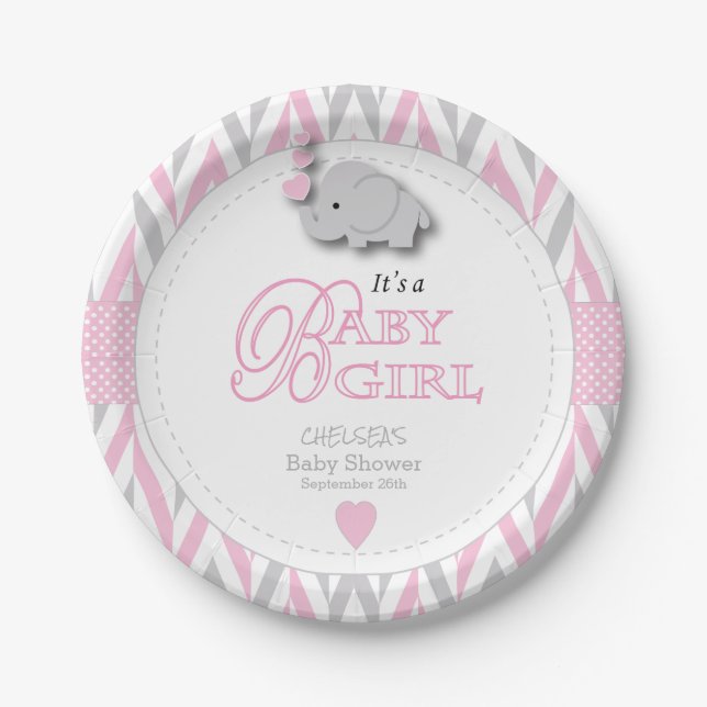 Plato De Papel Elefante gris rosa blanco Baby Shower 2 (Anverso)