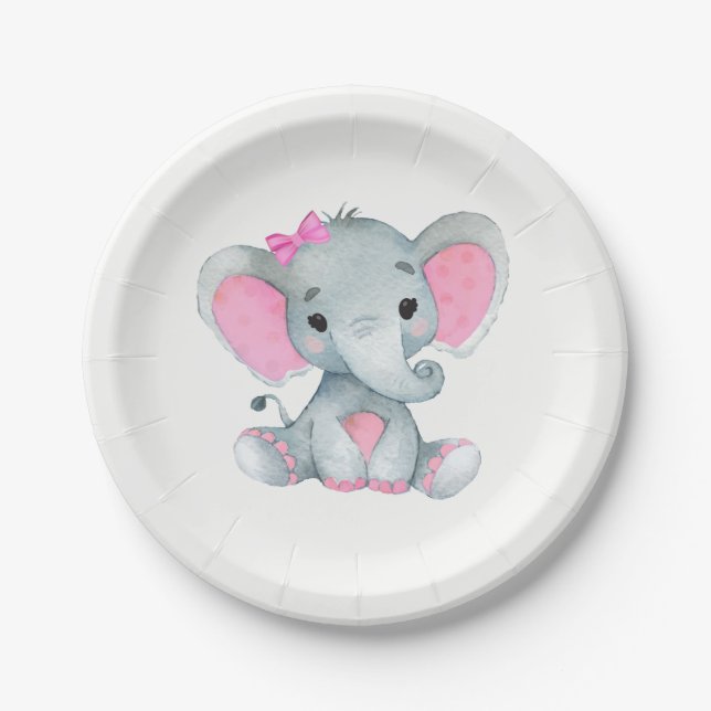 Plato De Papel Elefante gris rosado 4 Baby Shower, cumpleaños (Anverso)