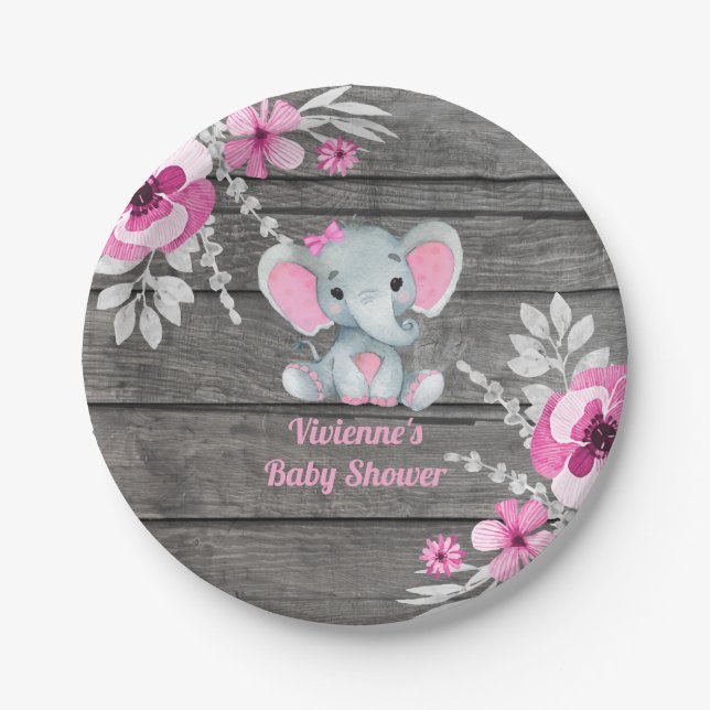 Plato De Papel Elefante gris rosado 4 Baby Shower, cumpleaños (Anverso)