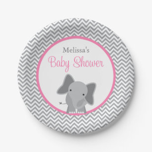 Plato De Papel Elefante lindo Chevron Baby Shower rosado