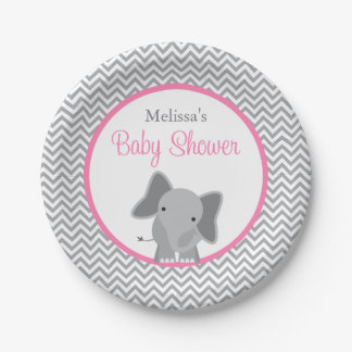 Plato De Papel Elefante lindo Chevron Baby Shower rosado