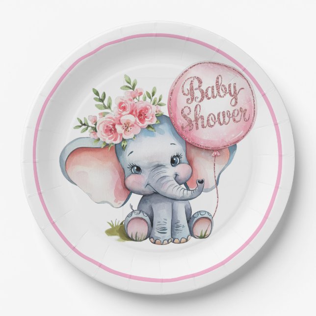 Plato De Papel Elefante lindo con Chica de globos rosados Baby Sh (Anverso)