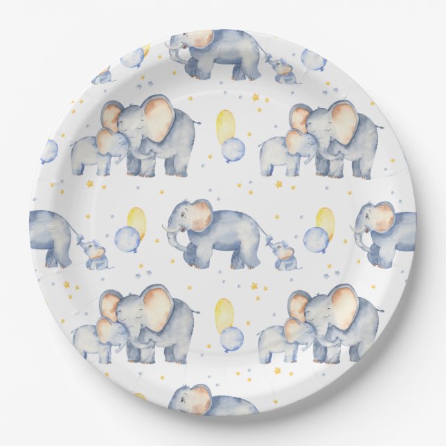 Plato De Papel Elefante lindo con mami acuarela Baby Shower (Anverso)