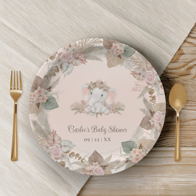 Plato De Papel Elefante moderno de Boho Género Baby Shower neutra (Cute Boho Elephant Paper Plates with Pampas Grass Floral Design)