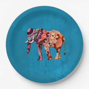 Plato De Papel Elefante multicolor de fondo azul