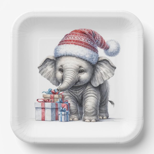 Plato De Papel Elefante navidad con regalos de vacaciones (Anverso)