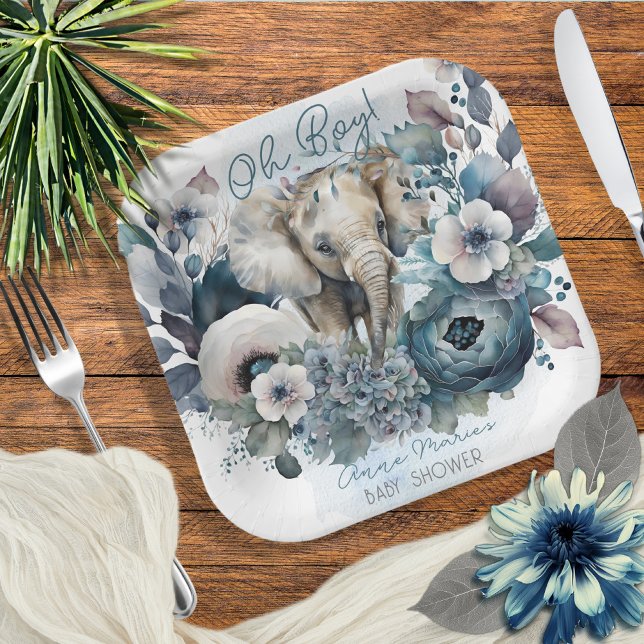 Plato De Papel Elefante Oh Boy Blue Floral Baby Shower (Subido por el creador)