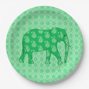 Plato De Papel Elefante paisley - verde jade y blanco