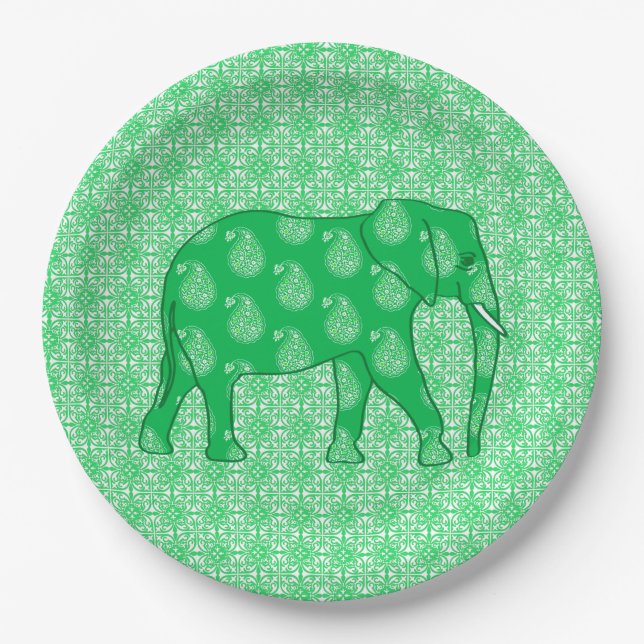 Plato De Papel Elefante paisley - verde jade y blanco (Anverso)