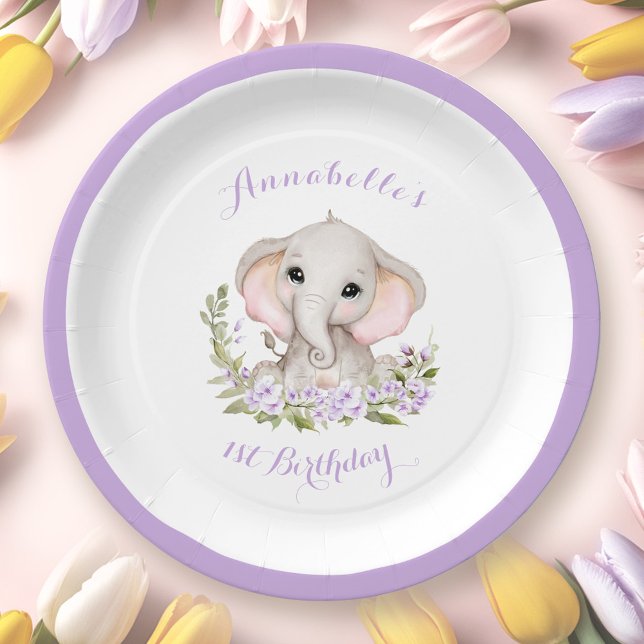 Plato De Papel Elefante Primavera Púrpura Floral Chica de cumplea (Elephant 1st Birthday Girl Floral Purple Spring Paper Plates)