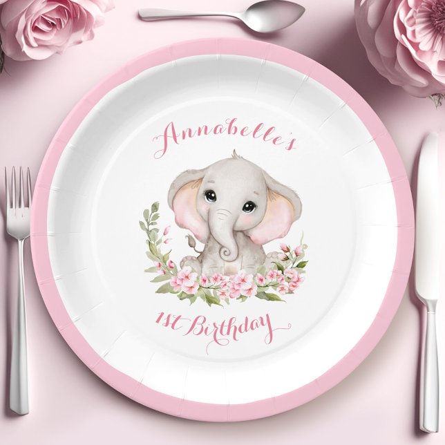 Plato De Papel Elefante Primavera Rosa de la Edad del Personaliza (Elephant 1st Birthday Girl Custom Age Pink Spring Paper Plates)