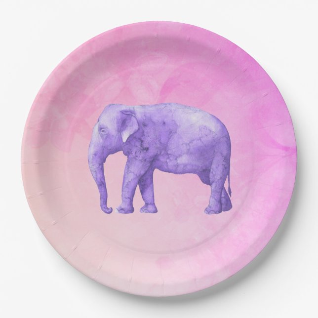 Plato De Papel Elefante púrpura en acuarelas rosadas oníricas (Anverso)