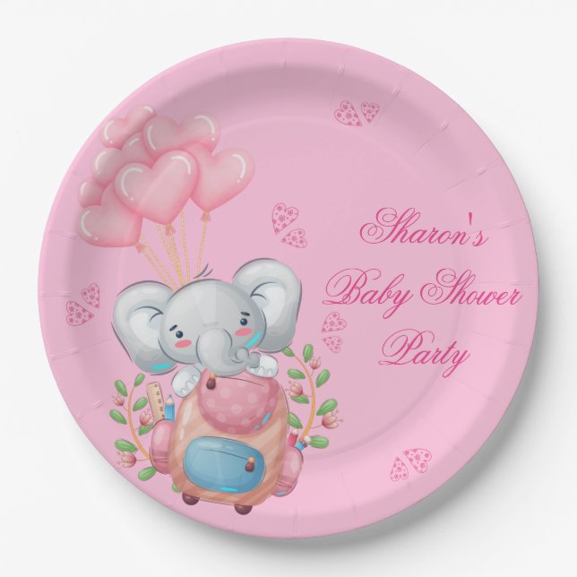Plato De Papel Elefante Rosa Adorable (Anverso)
