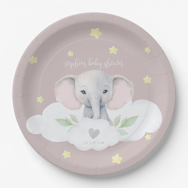 Plato De Papel Elefante rosa Baby Shower, pequeño Chica de cacahu (Anverso)
