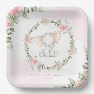 Plato De Papel elefante rosa floral pequeña ducha de cacahuete