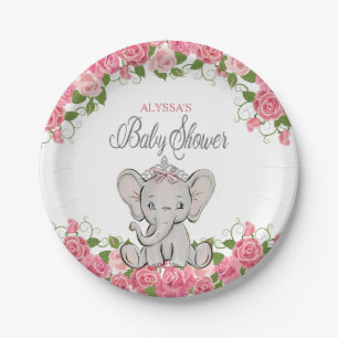 Plato De Papel Elefante rosa Tiara Chica Baby Shower