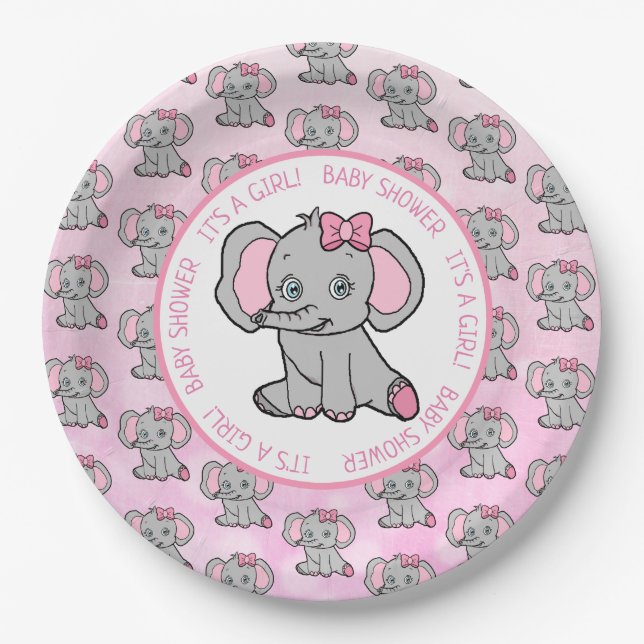 Plato De Papel Elefante rosa y gris Baby Shower temática (Anverso)